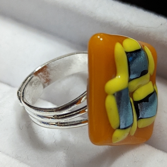 Artisan Handmade orange abstract statement ring  adjustable silver plated - Picture 2 of 3
